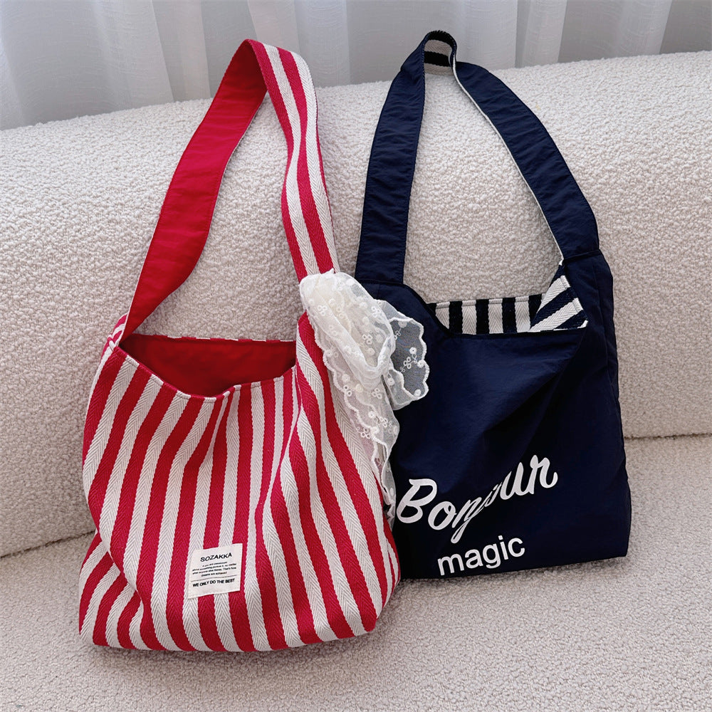 Paris Chic Reversible Navy & Red Striped Shoulder Canvas Bag