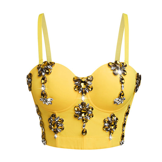 Crystal Diamonds Decorated Bra Top spaghetti strap slim corset celebrity camisole tube top Yellow, Green