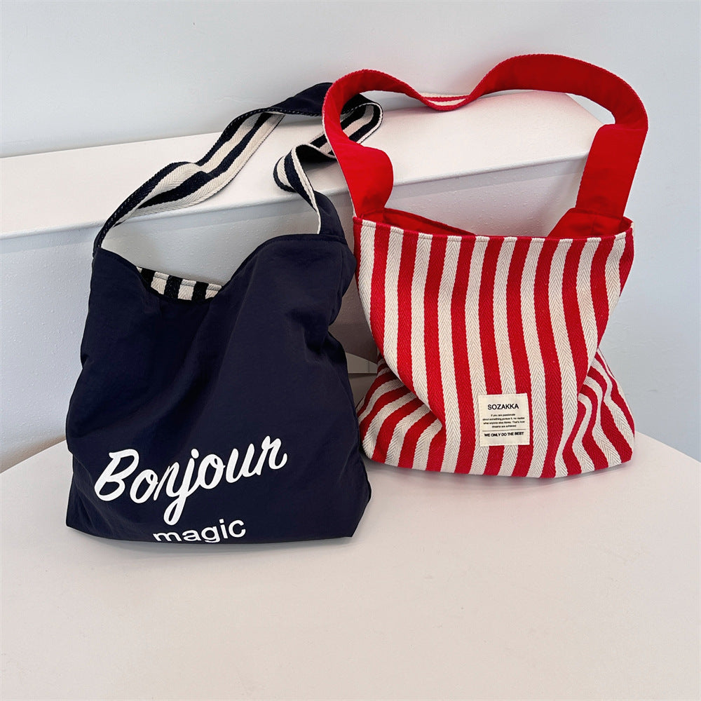 Paris Chic Reversible Navy & Red Striped Shoulder Canvas Bag