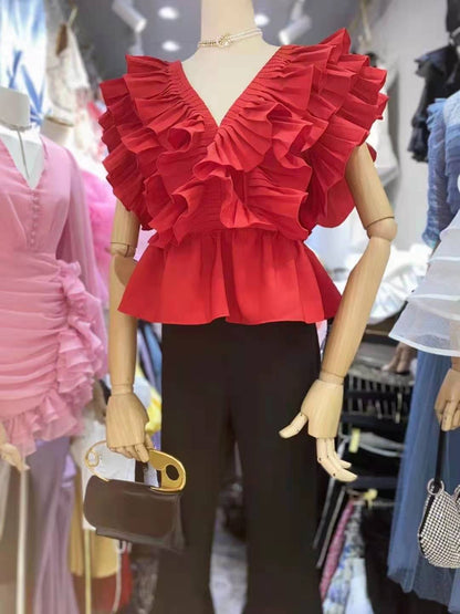 Korean Celebrity Summer Ruffle Blouse V-neck French Chic sleeveless shirt, Red pressed ruffles top