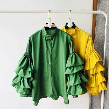 Multi-layered Ruffles Sleeve Blouse Statement Piece shirt celebrity top