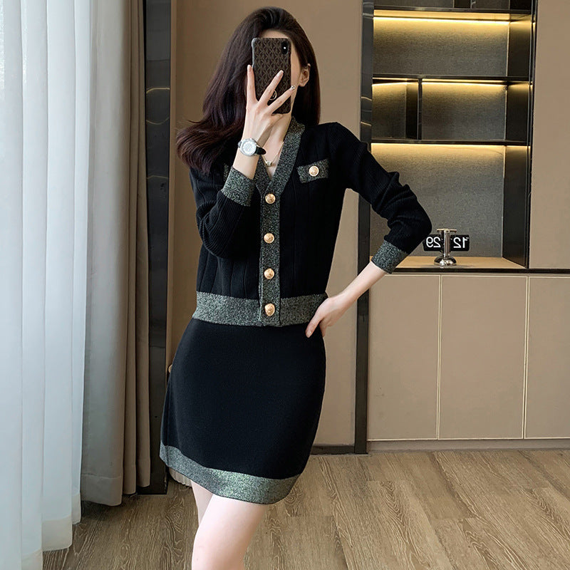 F/W French Chic Black & Gold Knit Suit 2-Pcs Set Jacket + Skirt