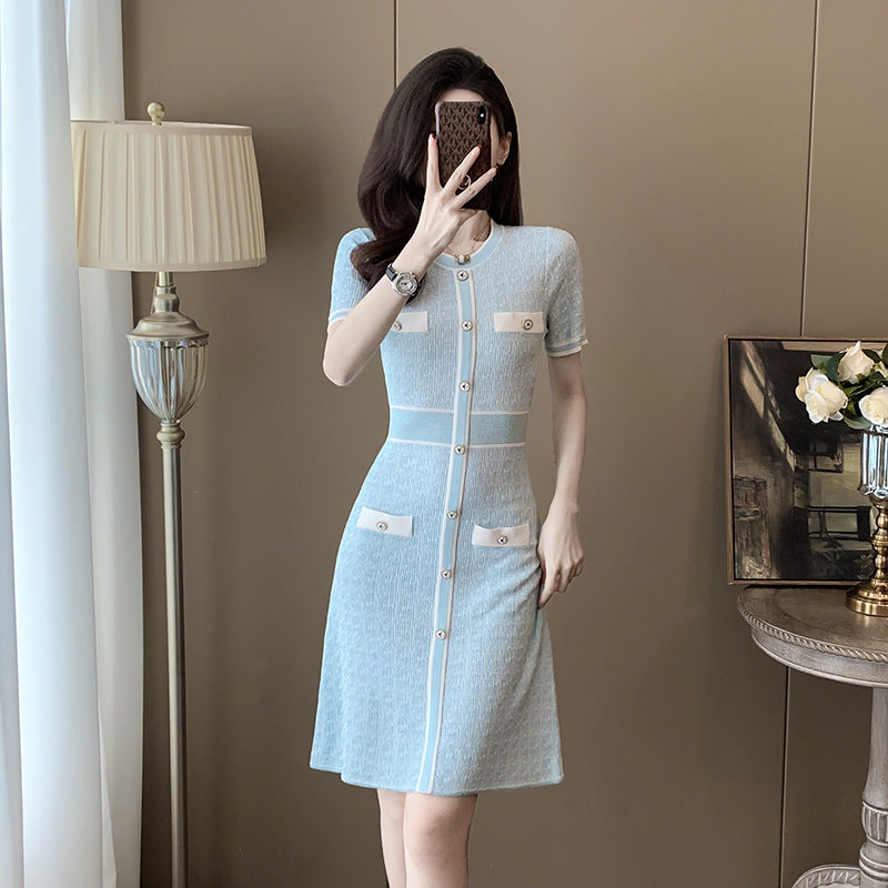 French Chic Soft Blue Summer Dress, Ice-Silk Cooling Knit Dress S/S