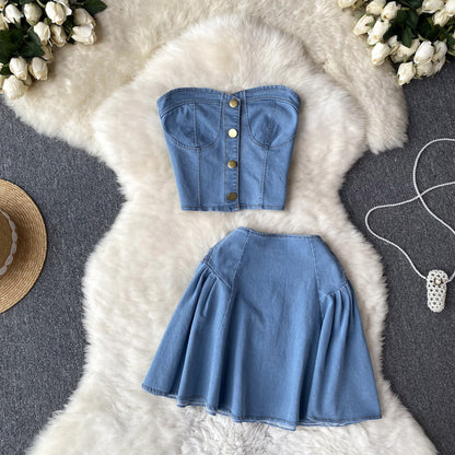 Summer Cropped Denim Bandeau Vest Top & Skirt Two-Piece Set high waist A-line skirt celebrity dress