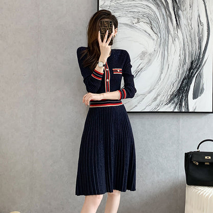 Paris Chic Modern Navy Dress, Red & Gold stripes, Blended Knit one-piece F/W