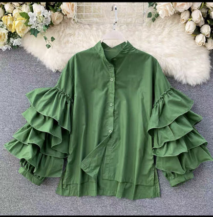 Multi-layered Ruffles Sleeve Blouse Statement Piece shirt celebrity top