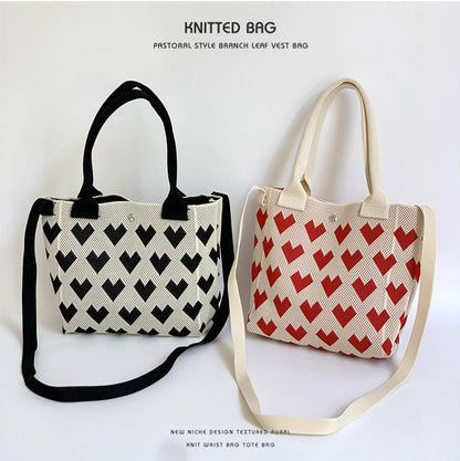 Love Crossbody Bag Hearts & Stripes Knitted 3D Tote Bag with shoulder straps