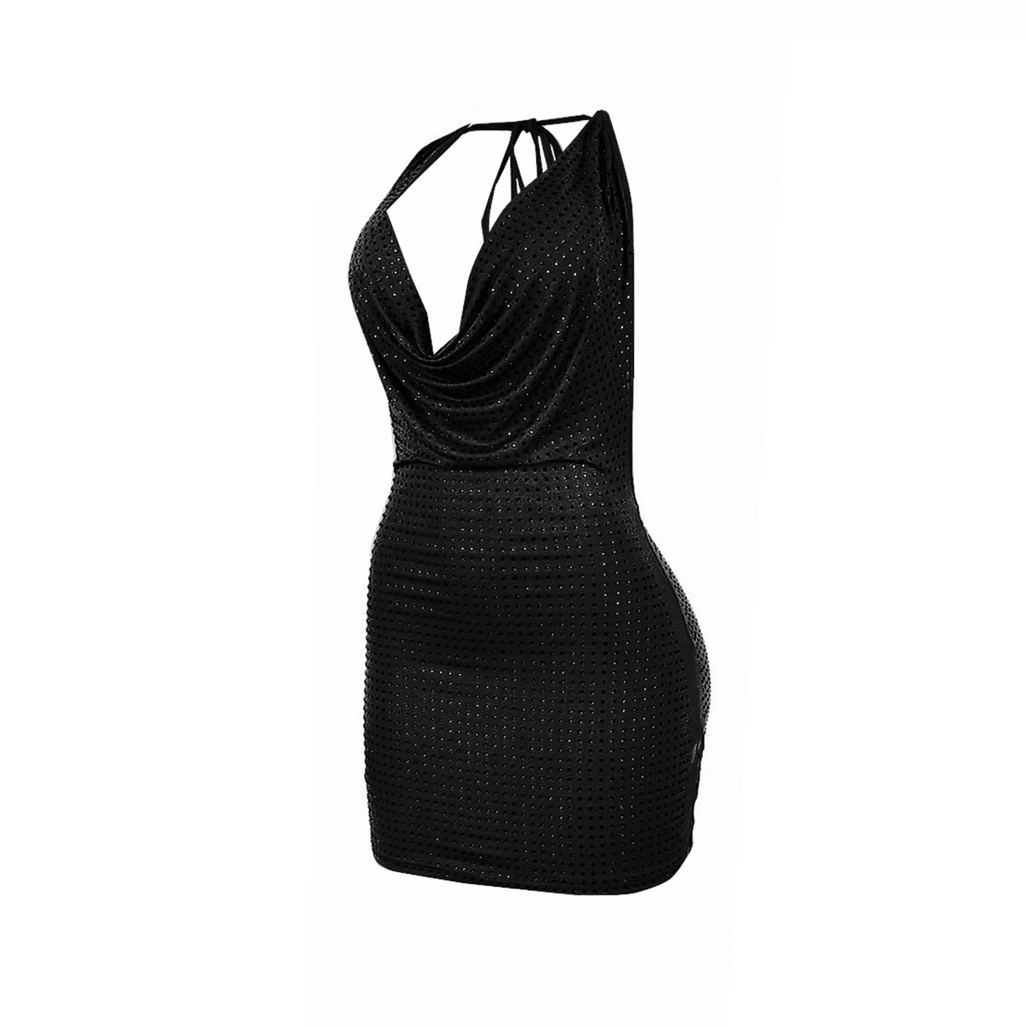 Plus Size Diamond Halter-Neck Sequin Dress Black, backless tie halter neckline short celebrity dress