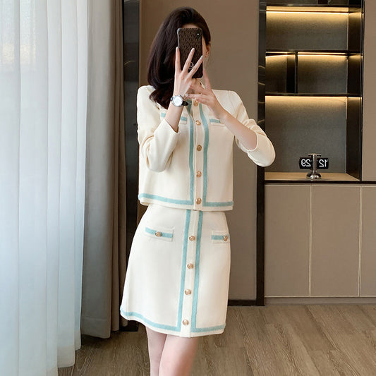 French Chic Two-Piece Set, Ivory & Aqua, Round-Neck Knitted Cardigan & Skirt Outfit F/W