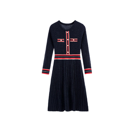 Paris Chic Modern Navy Dress, Red & Gold stripes, Blended Knit one-piece F/W