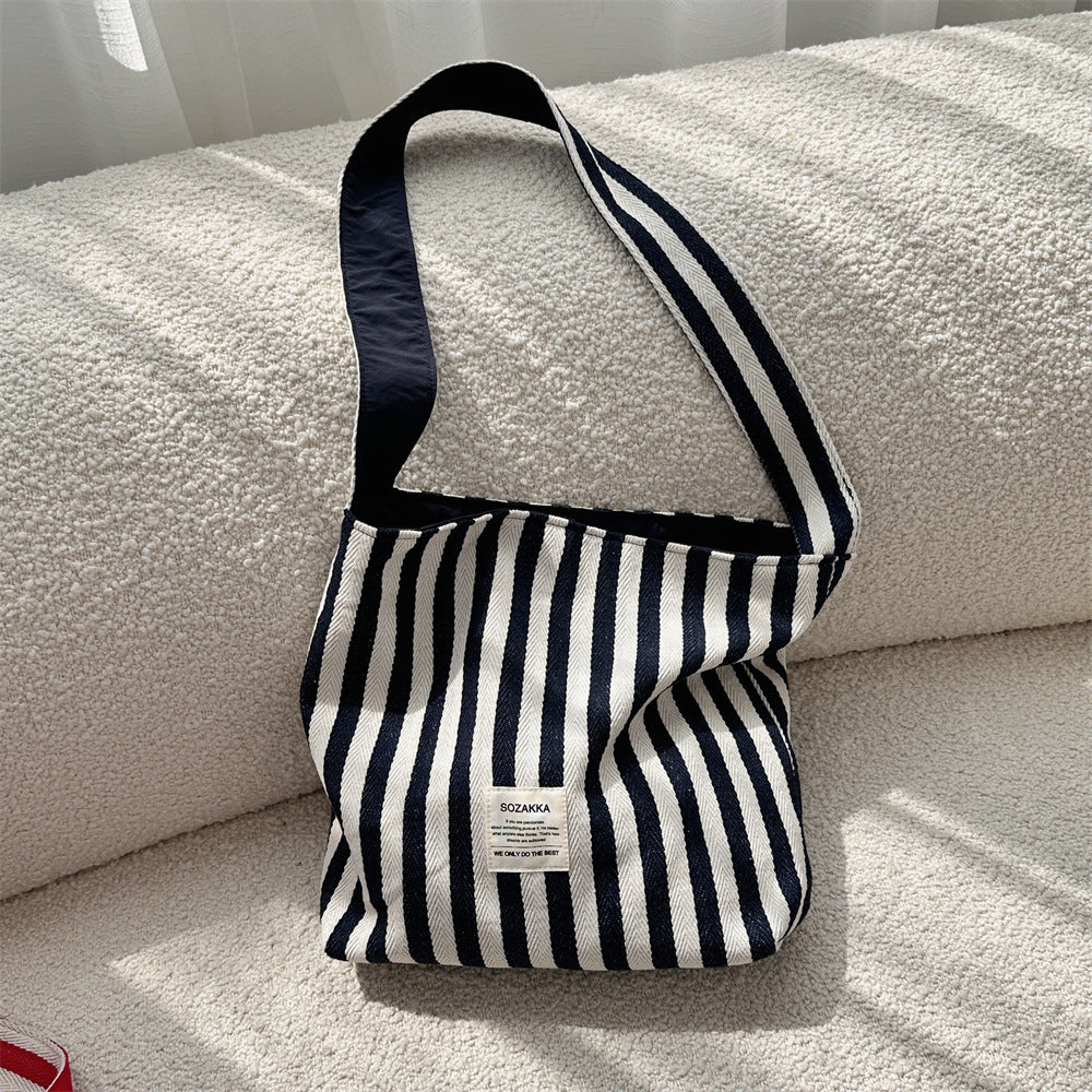 Paris Chic Reversible Navy & Red Striped Shoulder Canvas Bag