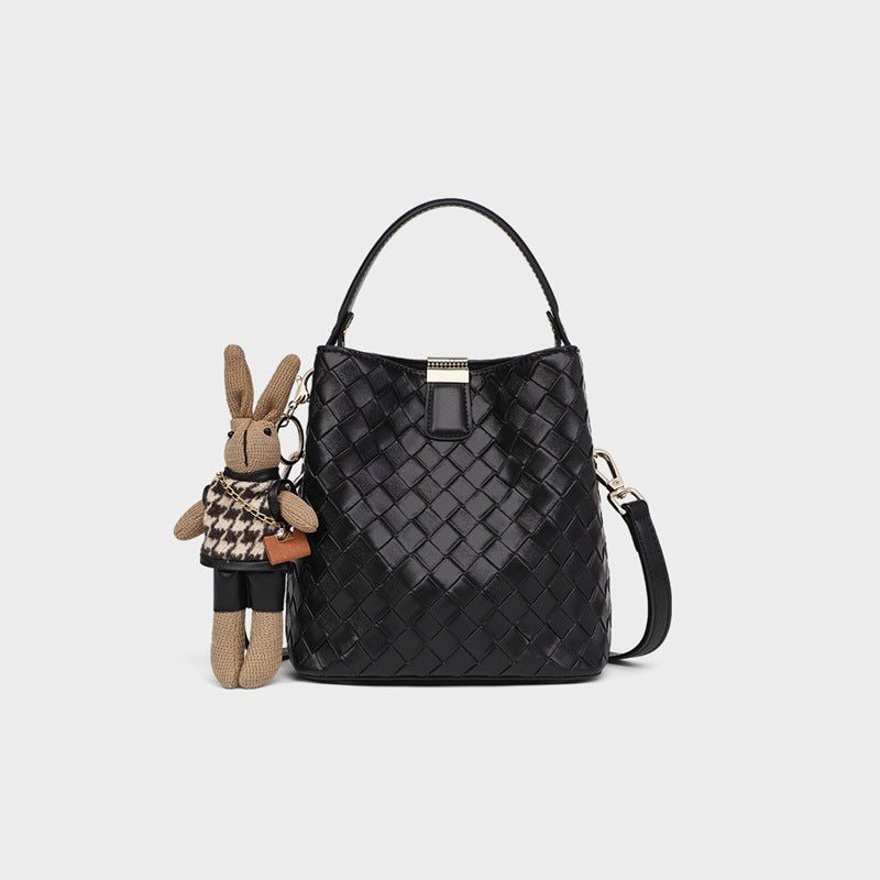 Giselle Weaving Tote Bag with Bear Charm Premium Shoulder Bucket Bag