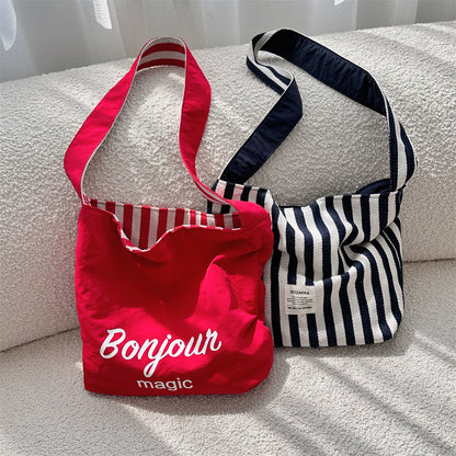 Paris Chic Reversible Navy & Red Striped Shoulder Canvas Bag