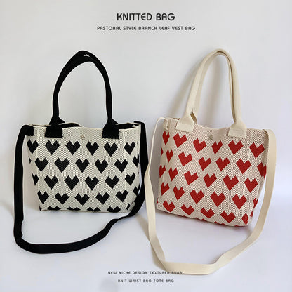 Love Crossbody Bag Hearts & Stripes Knitted 3D Tote Bag with shoulder straps