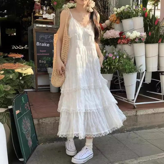 Sweet & Lovely White French Slip Ruffle & Lace Dress Summer Resort style casual dress