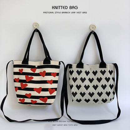 Love Crossbody Bag Hearts & Stripes Knitted 3D Tote Bag with shoulder straps