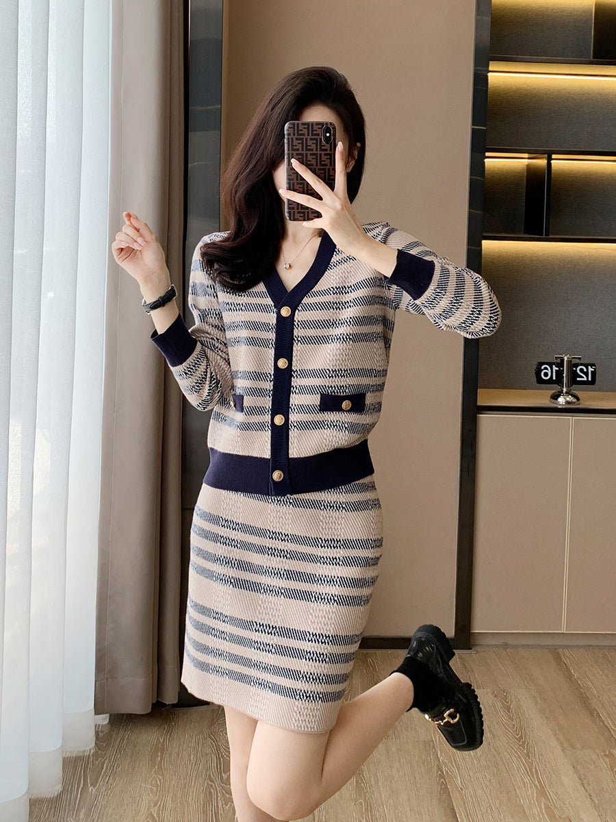 Paris Style Casual Matching Outfit, Cardigan & Skirt Two-Piece Knit Set, Navy & Beige F/W