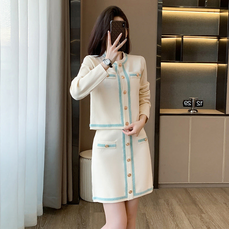 French Chic Two-Piece Set, Ivory & Aqua, Round-Neck Knitted Cardigan & Skirt Outfit F/W