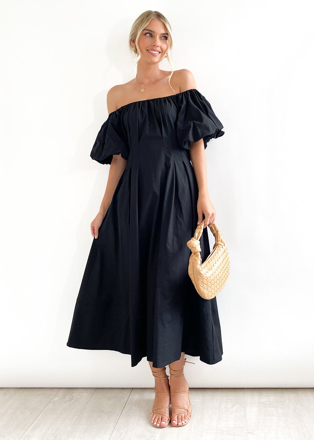 Off-Shoulder Dress Puff Sleeves High Waist Summer Dress casual look