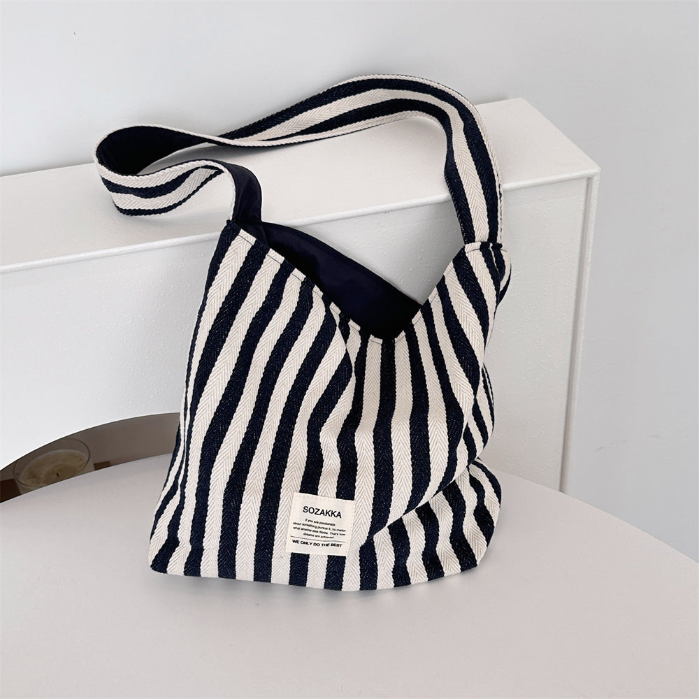 Paris Chic Reversible Navy & Red Striped Shoulder Canvas Bag