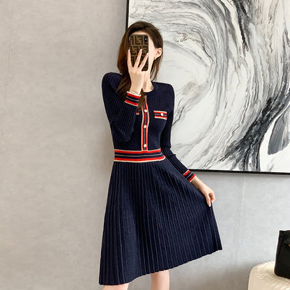 Paris Chic Modern Navy Dress, Red & Gold stripes, Blended Knit one-piece F/W