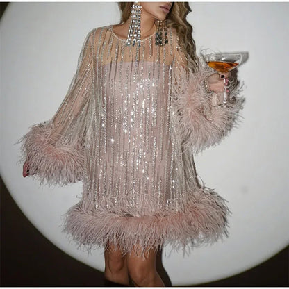 Luxury Glitter Pink Party Dress Glitter Sequins Ostrich Flared Sleeve Celebrity Dress