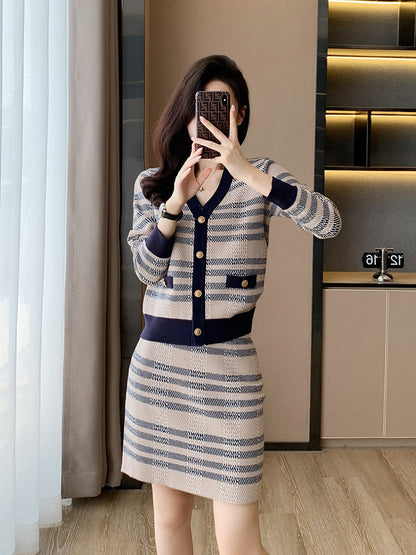 Paris Style Casual Matching Outfit, Cardigan & Skirt Two-Piece Knit Set, Navy & Beige F/W