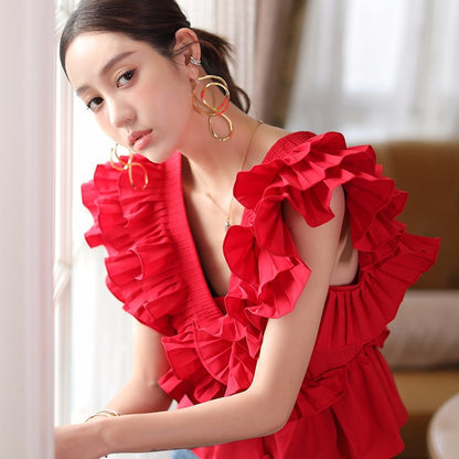 Korean Celebrity Summer Ruffle Blouse V-neck French Chic sleeveless shirt, Red pressed ruffles top