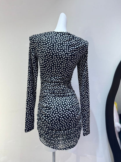 Sexy Polka Dot Print Pleated Slim Dress Celebrity Look