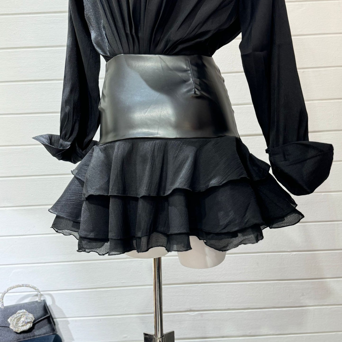 Leather & Ruffles Black Short Skirt Celebrity dress look