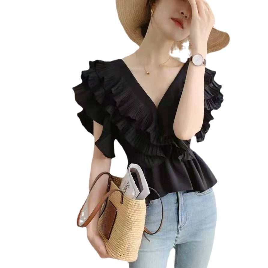 Korean Celebrity Summer Ruffle Blouse V-neck French Chic sleeveless shirt, Red pressed ruffles top