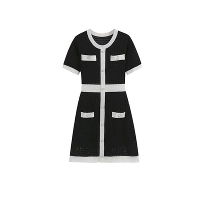 French Elegance Black & White Color Block Dress, Round-Neck short-sleeve Summer Dress, Ice silk cooling knit fabric S/S