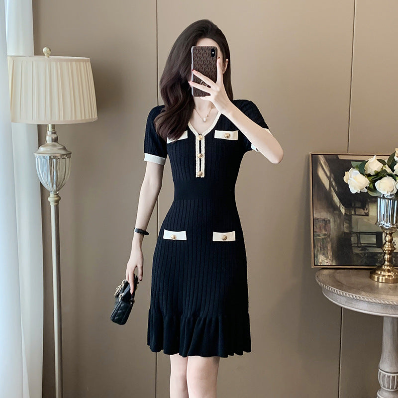 New French Chic Style Little Black Dress, Flared fishtail skirt-line summer knit dress S/S