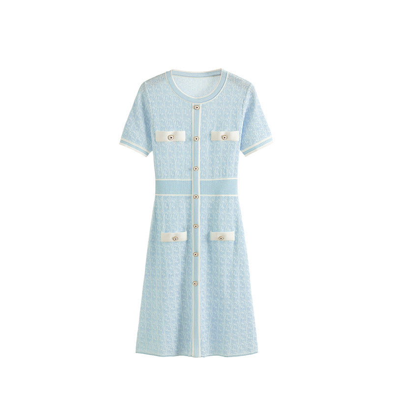 French Chic Soft Blue Summer Dress, Ice-Silk Cooling Knit Dress S/S