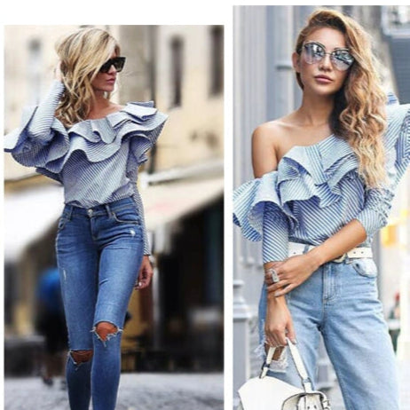 K-Style Influencer Ruffle Blouse, Sexy Slant Neck Off-the-Shoulder Top, Long Sleeve Blue Stripe Ruffle Shirt, celebrity top