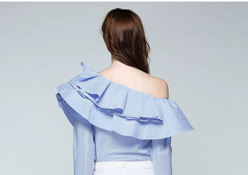 K-Style Influencer Ruffle Blouse, Sexy Slant Neck Off-the-Shoulder Top, Long Sleeve Blue Stripe Ruffle Shirt, celebrity top