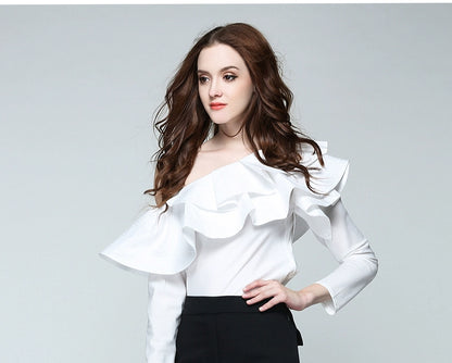 K-Style Influencer Ruffle Blouse, Sexy Slant Neck Off-the-Shoulder Top, Long Sleeve Blue Stripe Ruffle Shirt, celebrity top