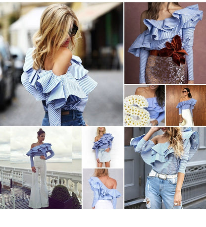 K-Style Influencer Ruffle Blouse, Sexy Slant Neck Off-the-Shoulder Top, Long Sleeve Blue Stripe Ruffle Shirt, celebrity top