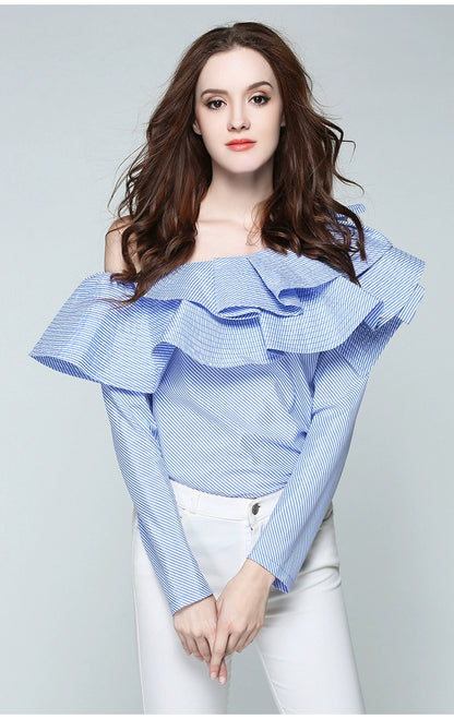 K-Style Influencer Ruffle Blouse, Sexy Slant Neck Off-the-Shoulder Top, Long Sleeve Blue Stripe Ruffle Shirt, celebrity top