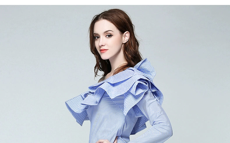 K-Style Influencer Ruffle Blouse, Sexy Slant Neck Off-the-Shoulder Top, Long Sleeve Blue Stripe Ruffle Shirt, celebrity top