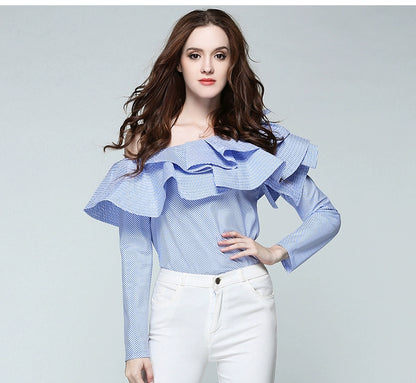 K-Style Influencer Ruffle Blouse, Sexy Slant Neck Off-the-Shoulder Top, Long Sleeve Blue Stripe Ruffle Shirt, celebrity top